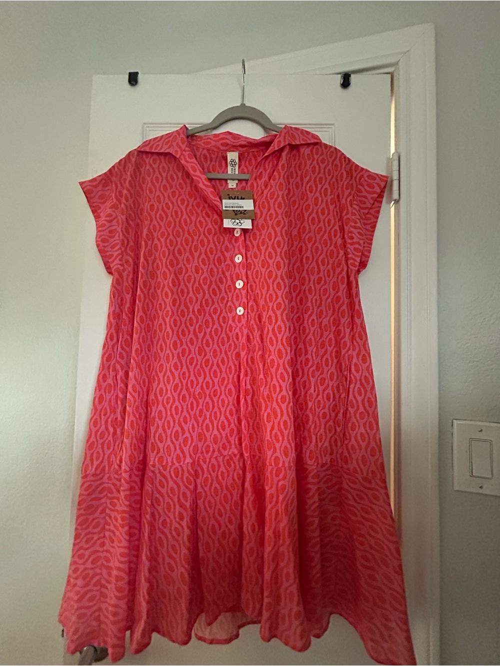 “Uncle Frank” Bright Pink Patterned Button-Front Swing Dress